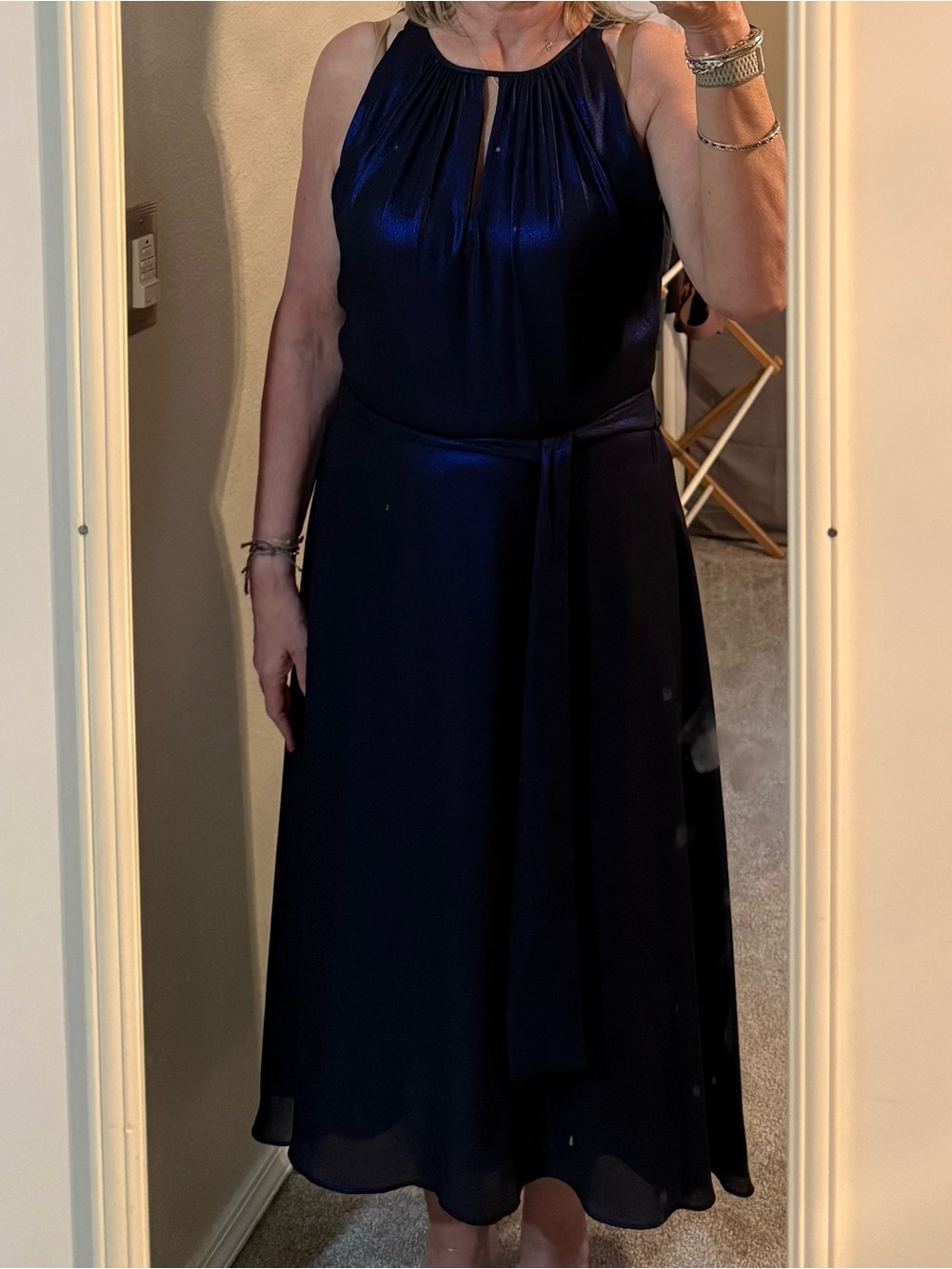 Elegant Navy Halter Midi Dress with Waist Tie